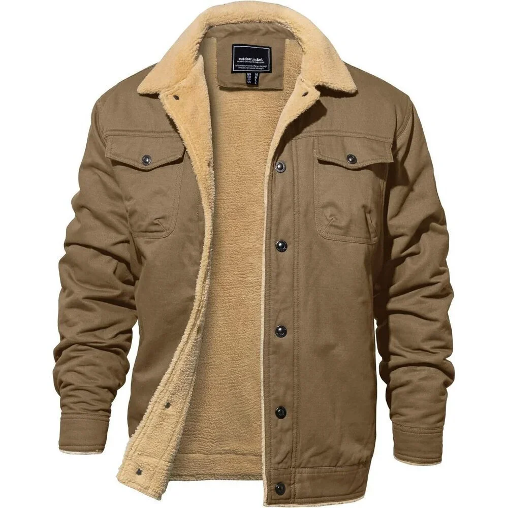 Men's Khaki Winter Thick Thermal Cotton Warm Fleece Lined Coat Cargo Jackets